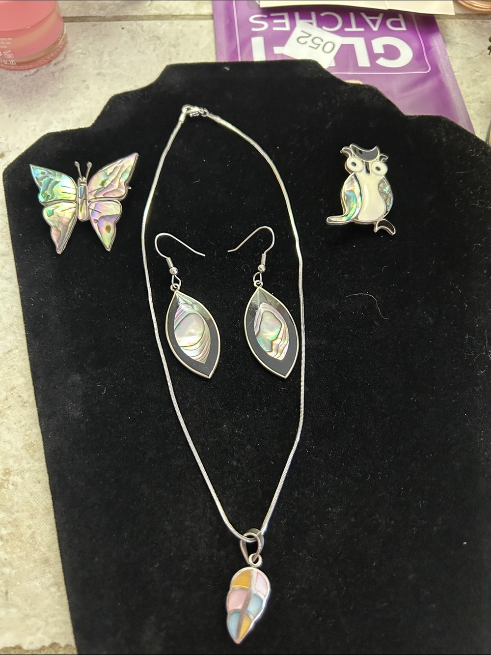 Abalone Shell Teardrop Necklace and Earrings Set - Iridescent Colors 925 SS